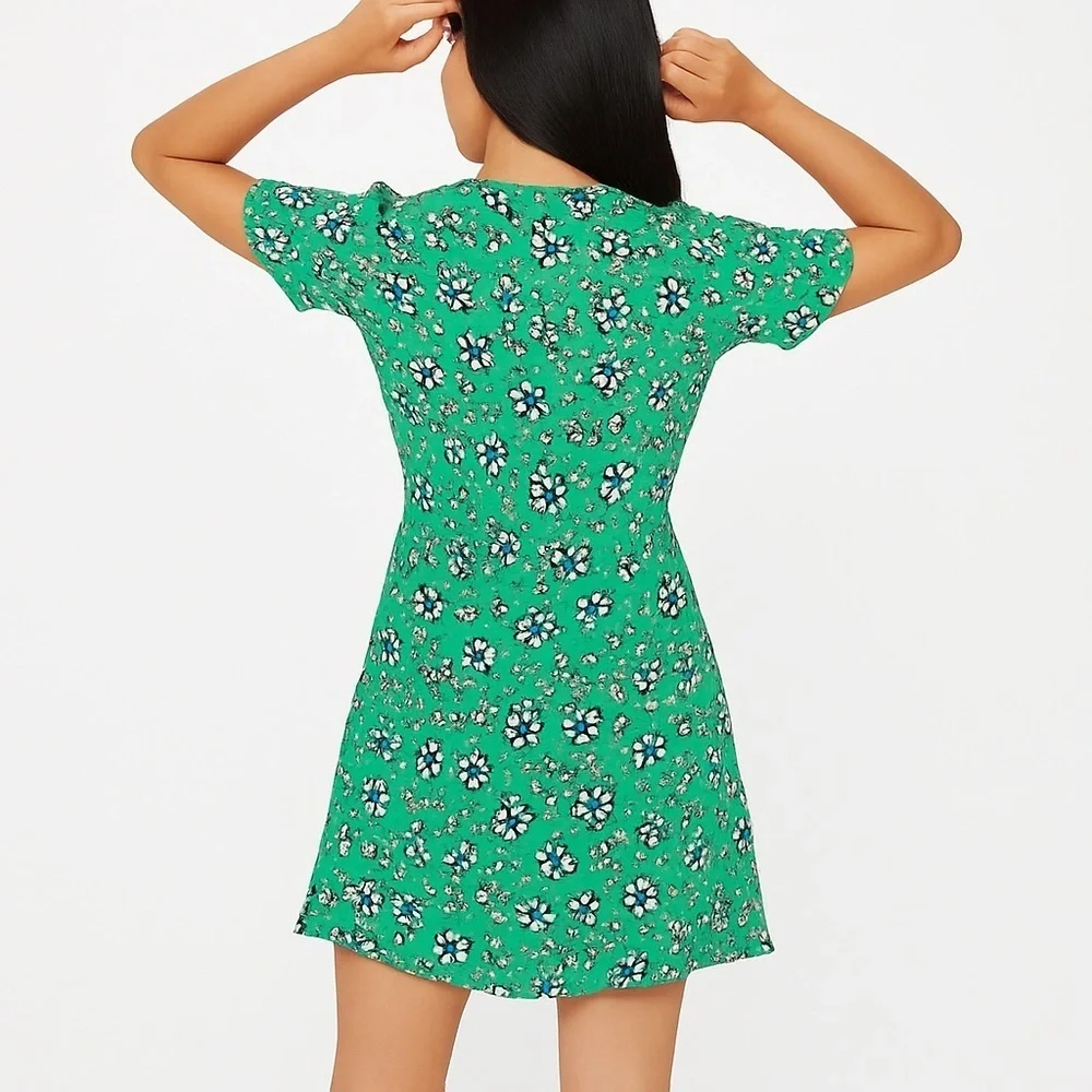 TOPSHOP Bright Green with White Floral Print Dress Size 6 - Picture 2 of 8
